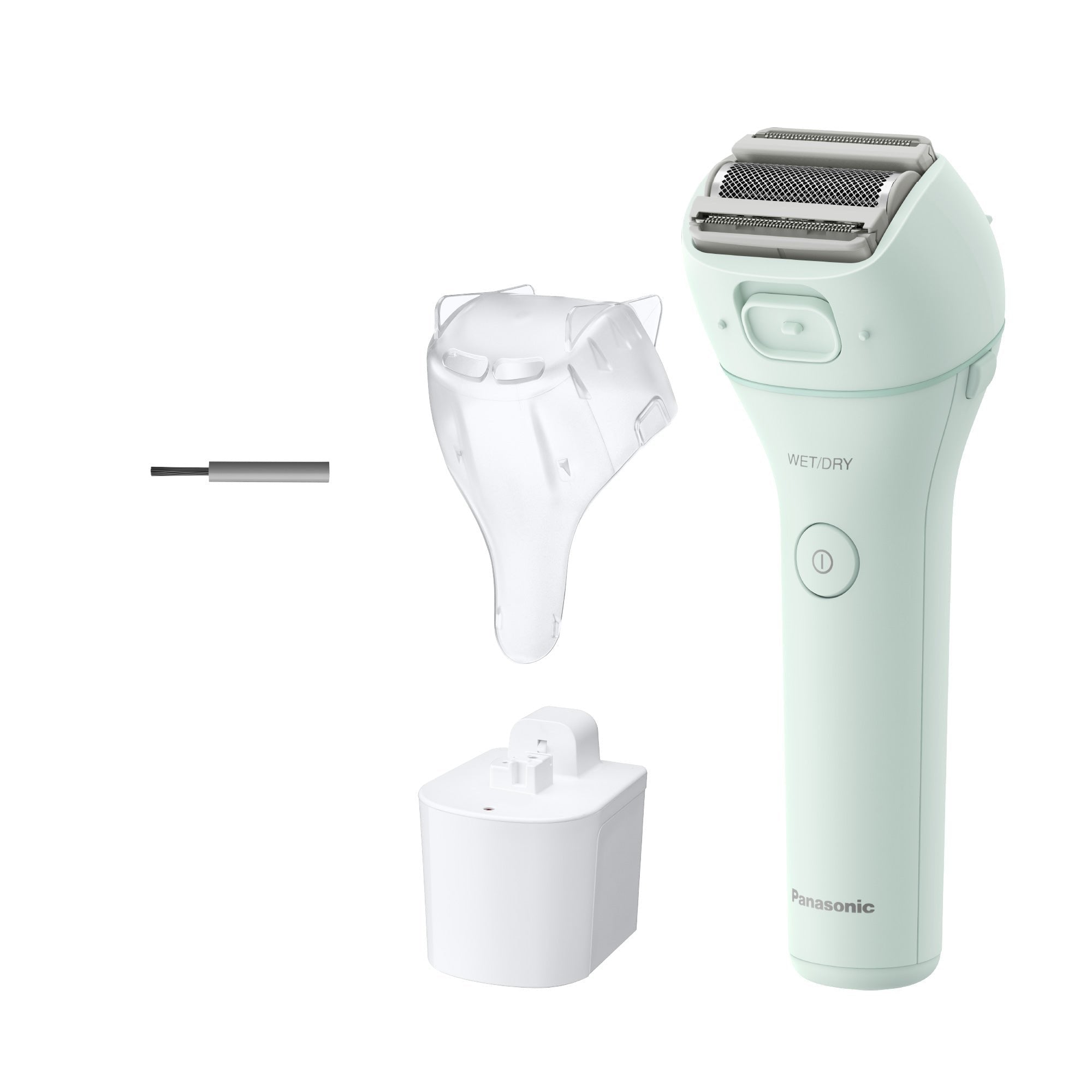 3-Blade Women's Electric Shaver ES-WL60-G with accessories including trimming attachment, cleaning brush, charging stand, and carrying pouch