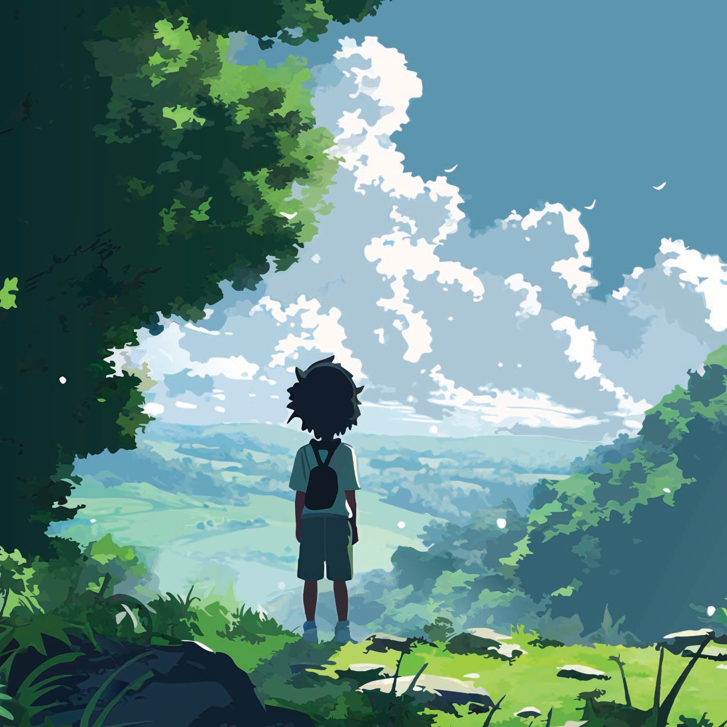Anime Silhouette of a person standing in a lush green forest with a clear blue sky.