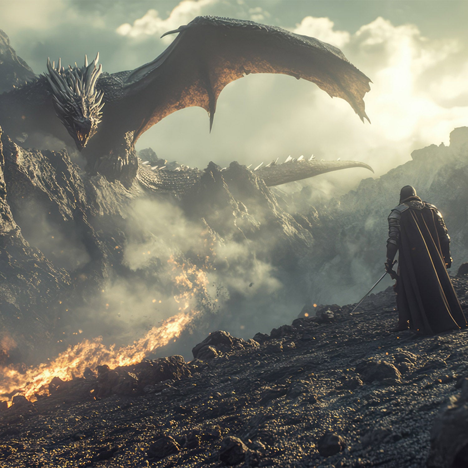 Dragon breathing fire towards a warrior on a rocky landscape
