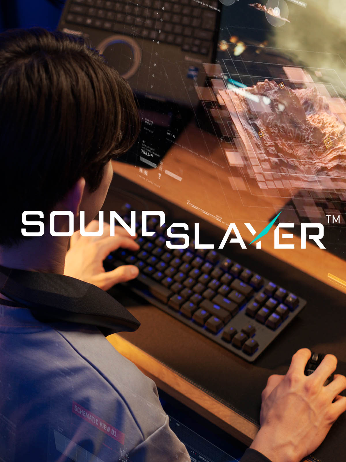 Person using a computer with neck speaker and  'Sound Slayer' branding on a desk.