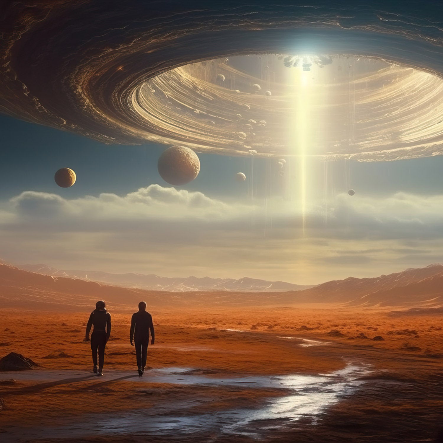 Two figures walking on a desert landscape with a large spacecraft above, featuring planets and a bright light.