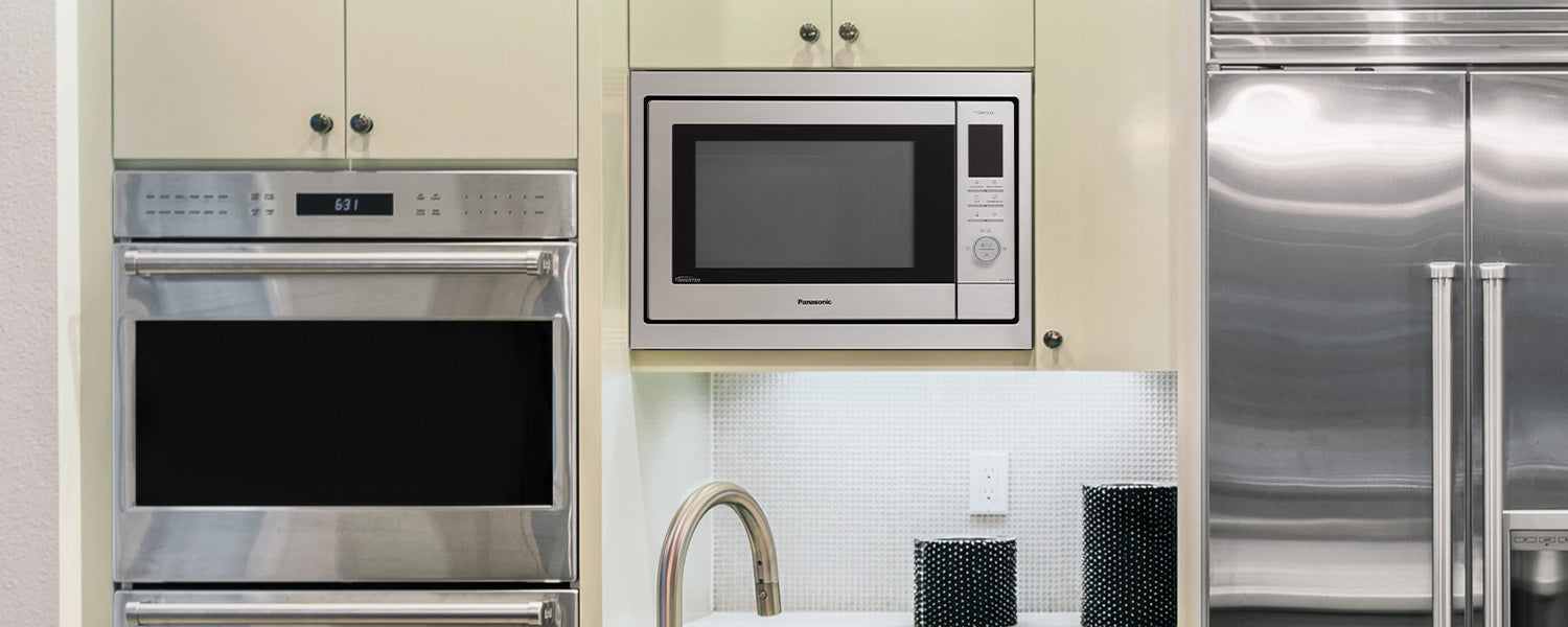 A microwave oven is pictured as a built-in with a trim kit