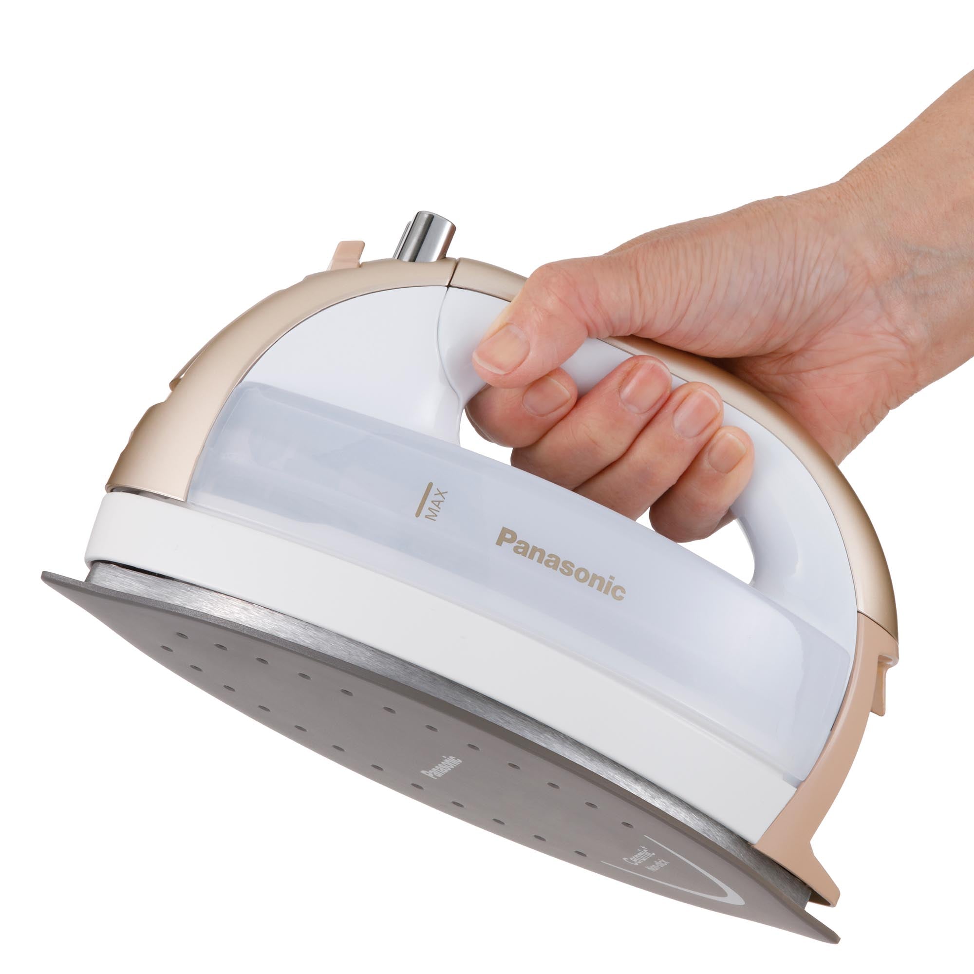 Hand Holding Panasonic Cordless Steam/Dry Iron with 1700W Wide Stainless Plate