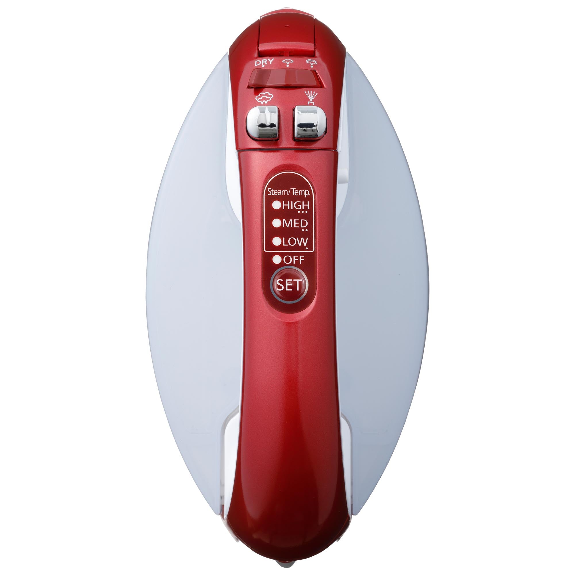 Cordless Steam/Dry Iron, 1700W Wide Stainless Plate, top view showcasing control buttons, red and white design.