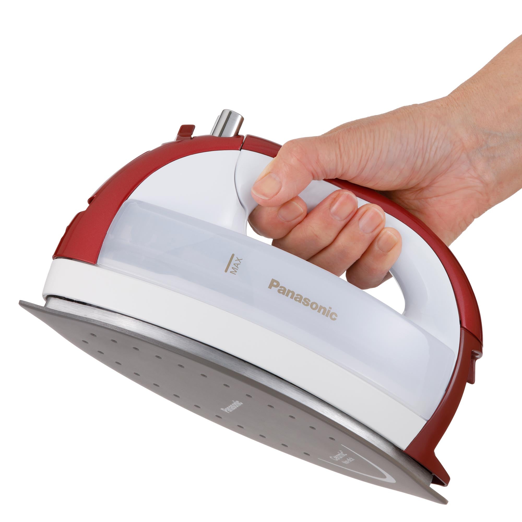 Person holding the Cordless Steam/Dry Iron with 1700W Wide Stainless Plate and removable water tank, showcasing its ergonomic design.