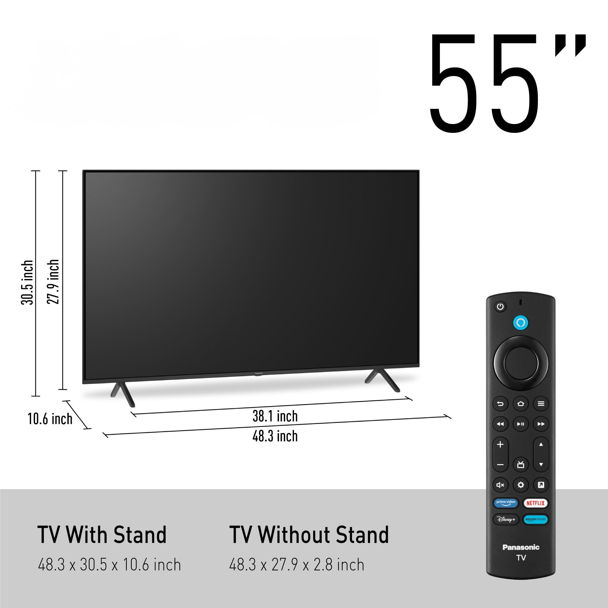 Panasonic W95A Series LED TV, 55-inch model shown with remote and additional technical specifications in the background