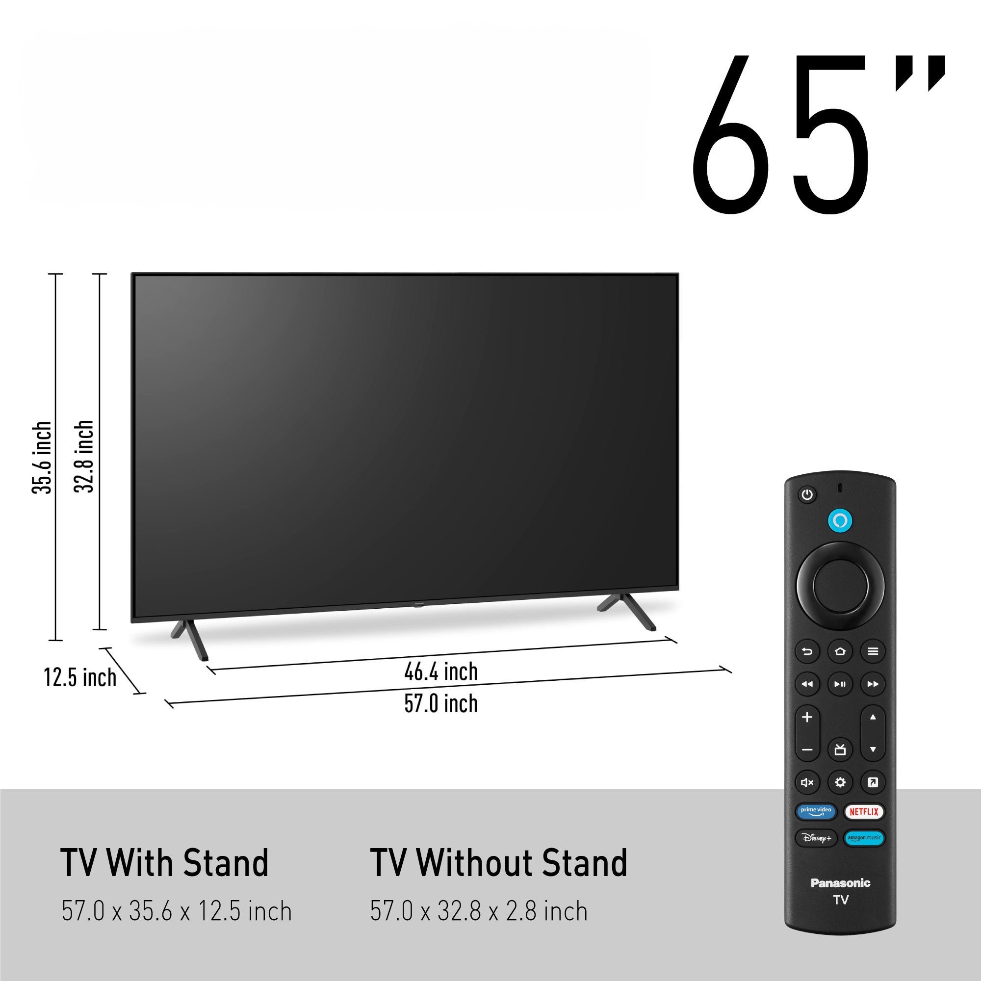 Panasonic W95A Series LED TV, 65-inch model shown with remote and additional technical specifications in the background