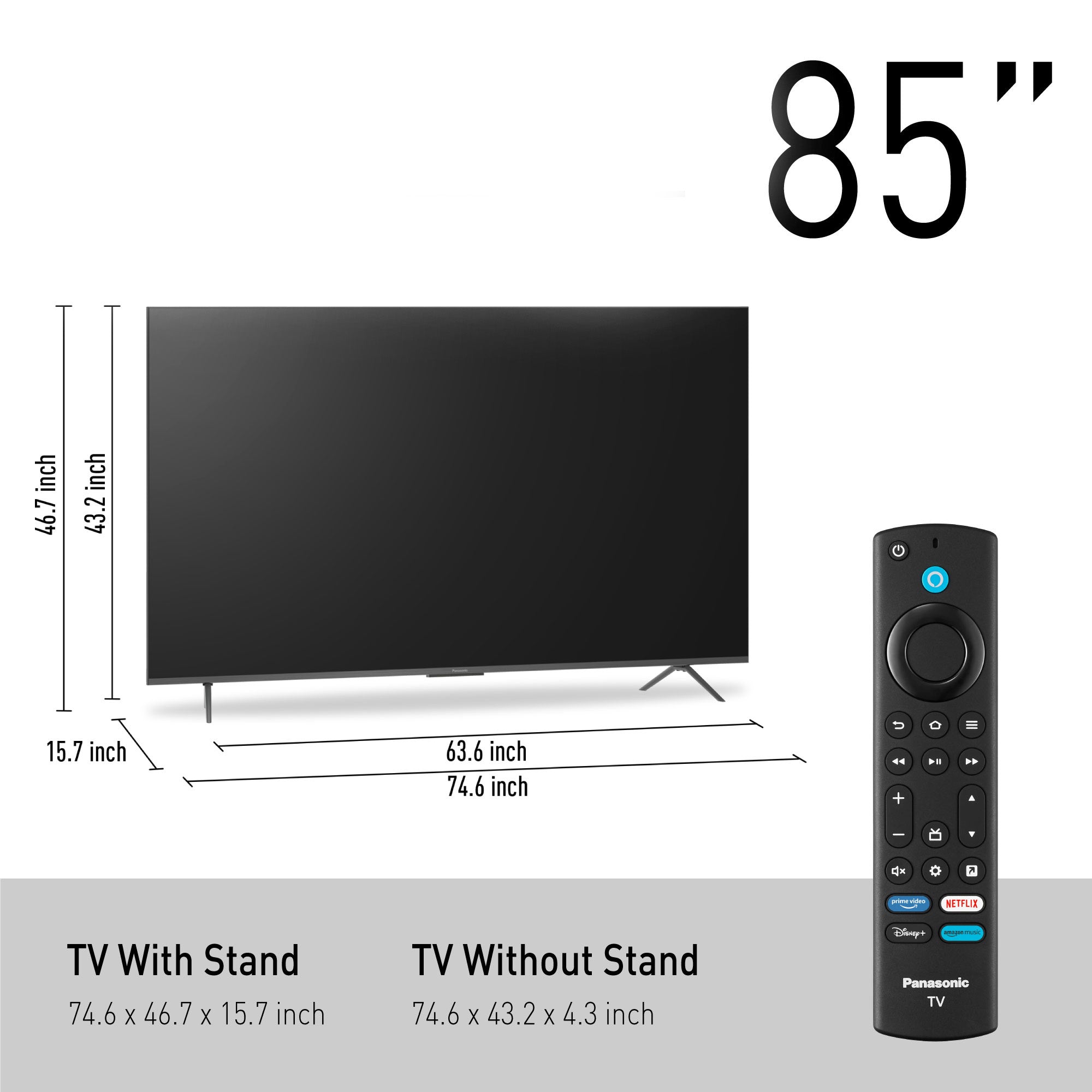 Panasonic W95A Series LED TV, 85-inch model shown with remote and additional technical specifications in the background