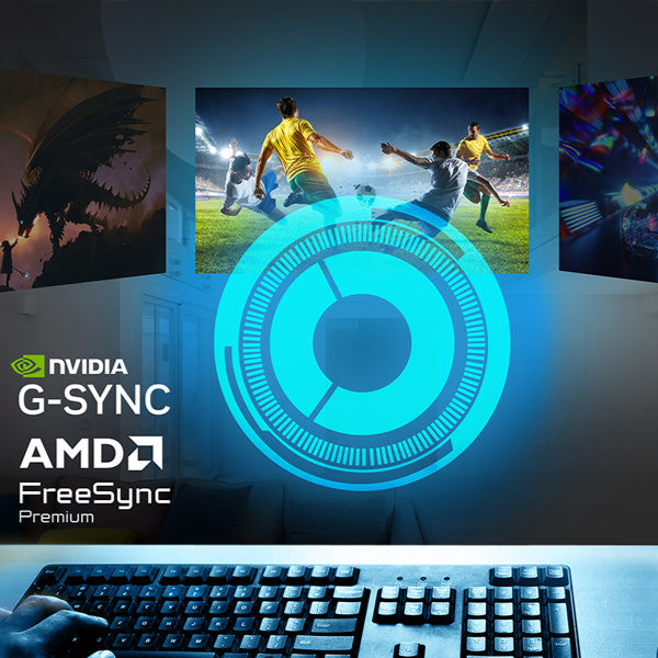 Advertisement for NVIDIA G-SYNC and AMD FreeSync with gaming scenes on a dark background.