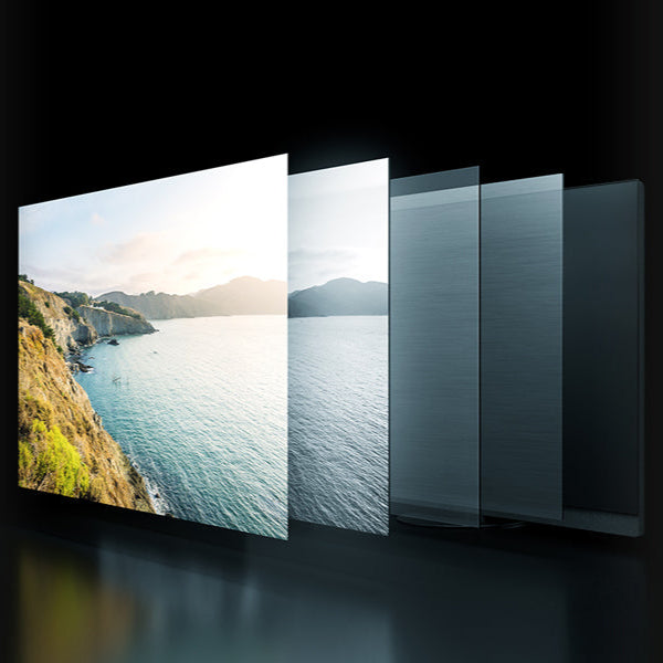 Multiple transparent panels with scenic images on a dark background