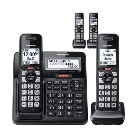 Panasonic Cordless Phone with Advanced Call Block, One-Ring Scam Alert, and 2-Way Recording with Answering Machine, 4 Handsets - KX-TGF944B (Black)